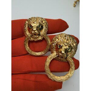 Vintage D’Orlan Gold Tone Lion Head Clip On Earrings Emerald Eyes 2”